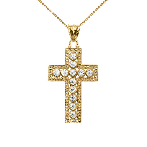 Yellow Gold Cross Pendant Necklace With Cubic Zirconia