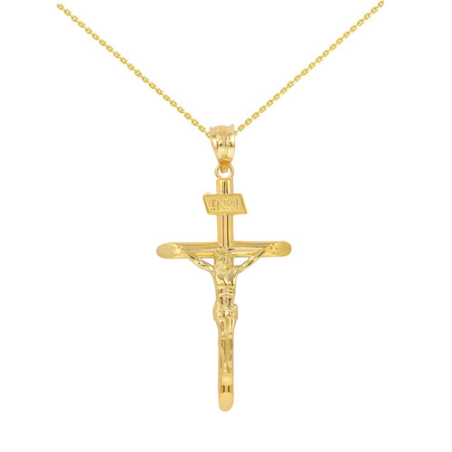 Solid Yellow Gold INRI Cross Pendant Necklace ( 1.60")