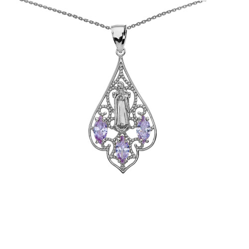Sterling Silver Our Lady of Guadalupe Filigree Two-Tone Pendant Necklace With Lavender CZ