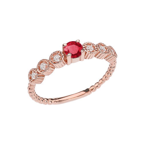 Diamond and Ruby Rose Gold Stackable/Promise Beaded Popcorn Collection Ring