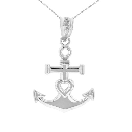 Solid White Gold Nautical Heart Ship Anchor Pendant Necklace