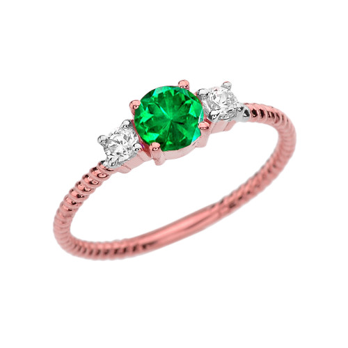 Dainty Rose Gold Emerald and White Topaz Rope Design Engagement/Promise Ring