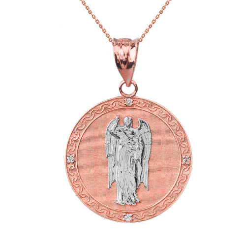 Two Tone Solid Rose Gold Archangel Saint Gabriel Diamond Medallion Pendant Necklace   1.15" ( 29 mm)