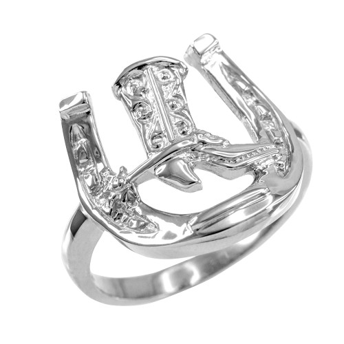 White Gold Horseshoe with Cowboy Boot Men's Ring