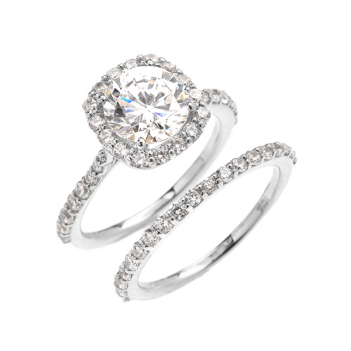 Beautiful Dainty White Gold 3 Carat Halo Solitaire CZ Engagement Wedding Ring Set