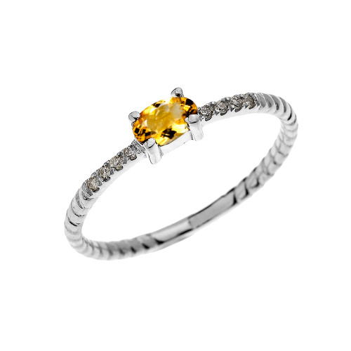 White Gold Dainty Solitaire Oval Citrine and Diamond Rope Design Engagement/Proposal/Stackable Ring