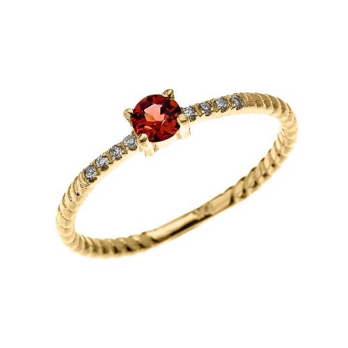 Yellow Gold Dainty Solitaire Garnet and Diamond Rope Design Engagement/Proposal/Stackable Ring