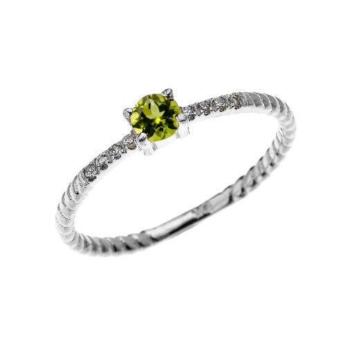 White Gold Dainty Solitaire Peridot and Diamond Rope Design Engagement/Proposal/Stackable Ring