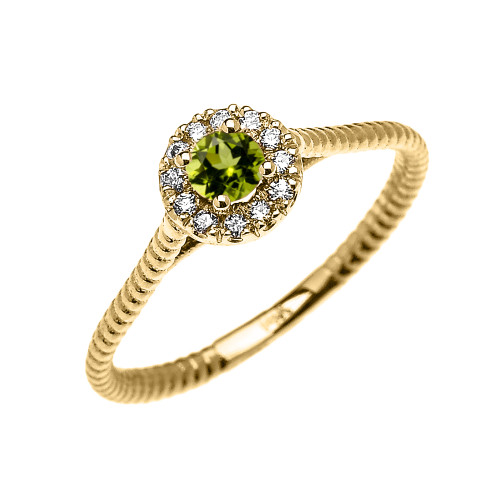 Yellow Gold Dainty Halo Diamond and Peridot Solitaire Rope Design Promise Ring