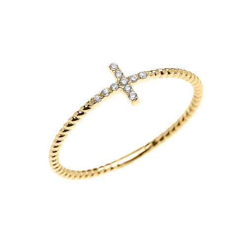 Yellow Gold Dainty Sideway Diamond Cross Rope Design Ring