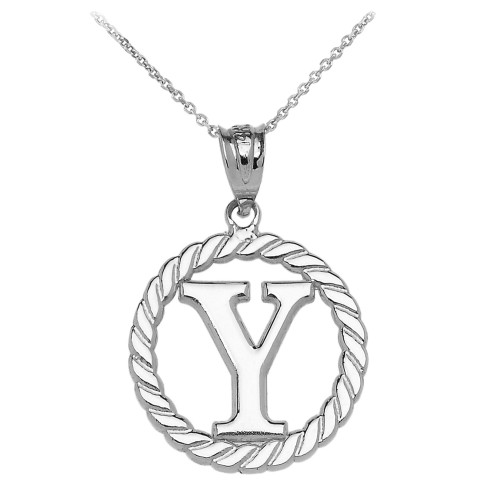 White Gold "Y" Initial in Rope Circle Pendant Necklace