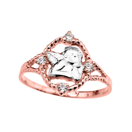 Rose Gold Rope Design Angel with Cubic Zirconia Ladies Ring