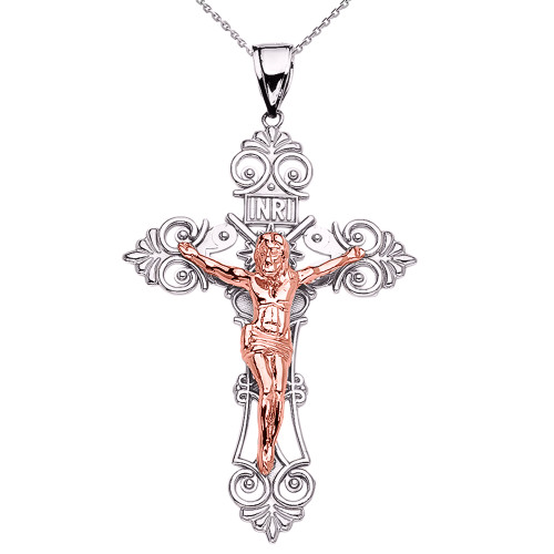 Two-Tone White Gold INRI Crucifix Pendant Necklace (X-Large)