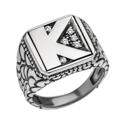 Sterling Silver CZ Men's Initial "K" Nugget Ring