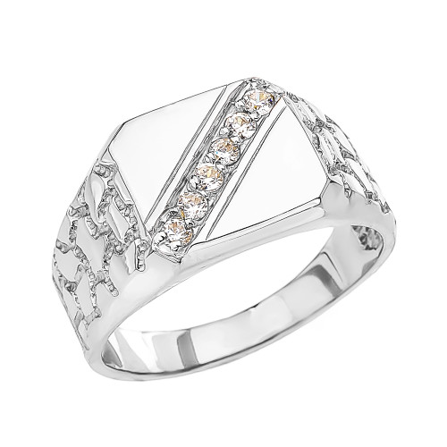 Sterling Silver Diamond Signet Men's Nugget Ring