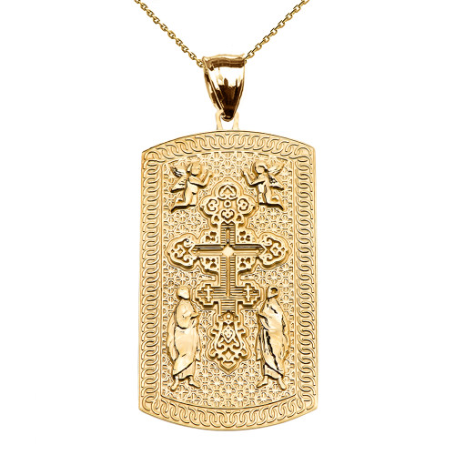 Russian Orthodox Cross Yellow Gold Engraveable Dog Tag Pendant Necklace
