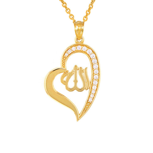 Yellow Gold Diamond Allah Heart Pendant Necklace