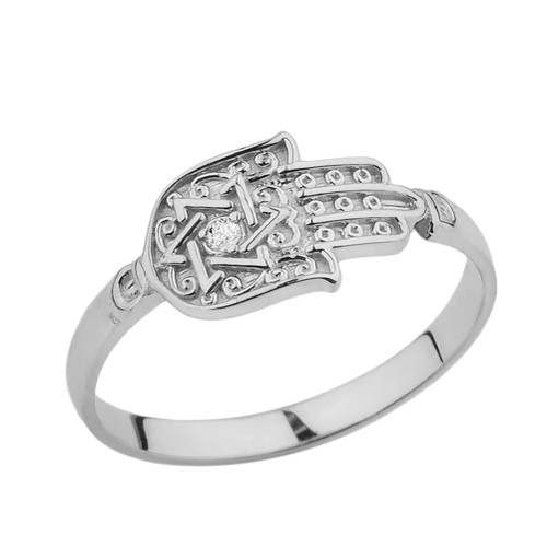 Sterling Silver Diamond Star of David Hamsa Hand Ring