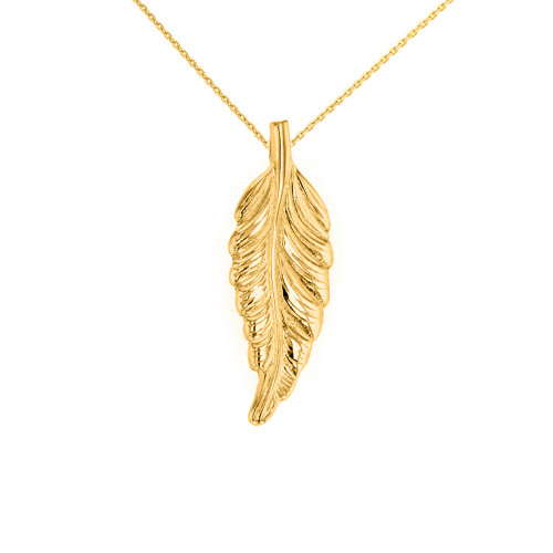 Solid Yellow Gold Bohemia Boho Feather Pendant Necklace