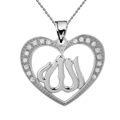 White Gold Cubic Zirconia Heart with Allah Pendant Necklace