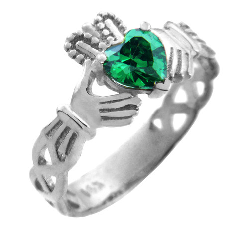 White Gold Claddagh Trinity Band with Emerald Green CZ Heart