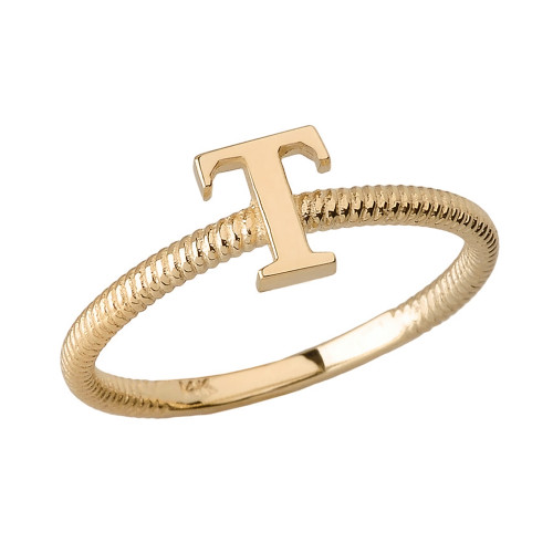 Solid Yellow Gold Alphabet Initial Letter T Stackable Ring