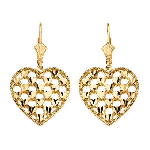 14K Solid Yellow Gold Double Layered Woven Hearts Filigree Heart Shaped  Drop Earring Set