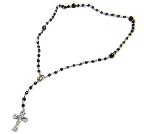 Sterling Silver Black Onyx Rosary Beaded Necklace 20 Inch