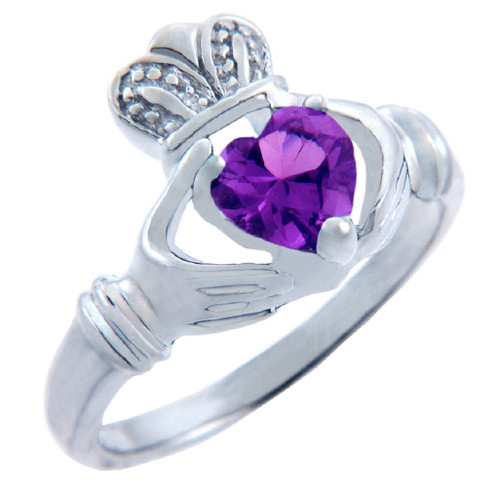Silver Claddagh Ring with Amethyst CZ Heart