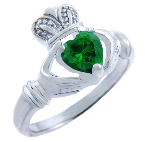 Silver Claddagh Ring with Emerald CZ Heart