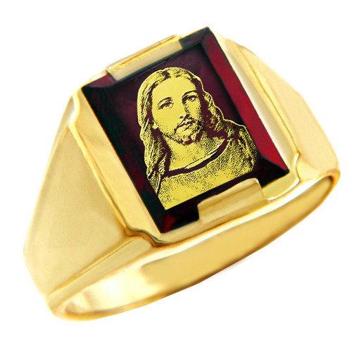 Solid Yellow Gold Red CZ Stone Jesus Christ Signet Men's Ring