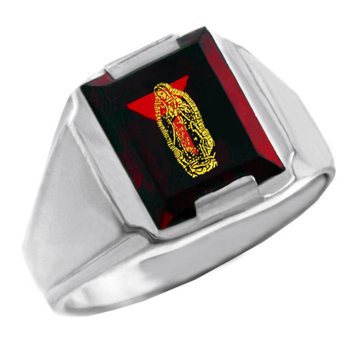 Solid White Gold Red CZ Stone Our Lady of Guadalupe Signet Men's Ring