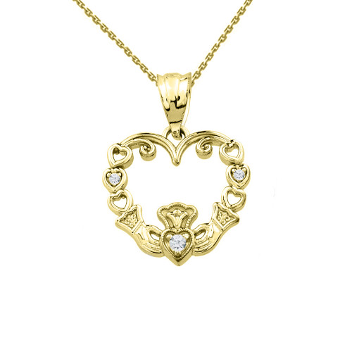 Yellow Gold Diamond Claddagh Open Heart Pendant Necklace