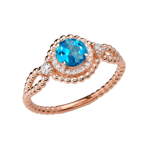 Diamond Engagement Ring Rose Gold Rope Double Infinity Center Blue Topaz
