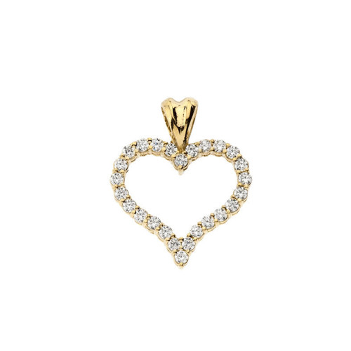 14K Yellow Gold Diamond Studded Open Heart Pendant Necklace (0.8