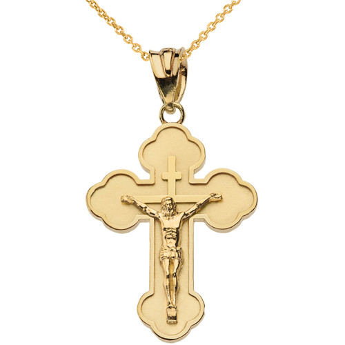 Solid Yellow Gold Double Sided Eastern Orthodox Russian Crucifix Pendant Necklace (Large)