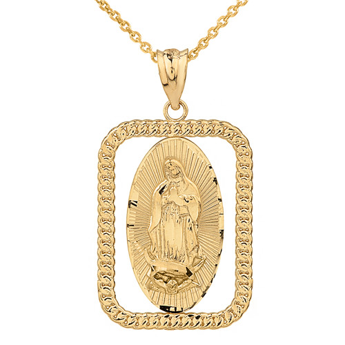 Solid Yellow Gold Cuban Link Rectangular Frame Diamond Cut Lady of Guadalupe Pendant Necklace