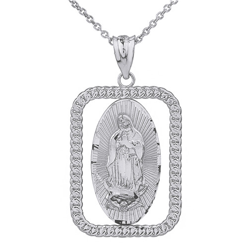 Solid White Gold Cuban Link Rectangular Frame Diamond Cut Lady of Guadalupe Pendant Necklace