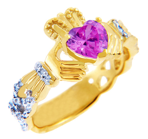 Gold Diamond Claddagh Ring with 0.40 Carats of Diamonds and a Pink Tourmaline Birthstone.  Available in 14k and 10k Gold.