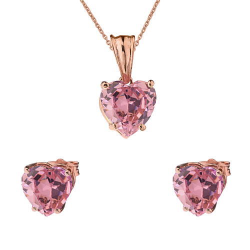 10K Rose Gold Heart October Birthstone Pink Cubic Zirconia  (LCPZ) Pendant Necklace & Earring Set