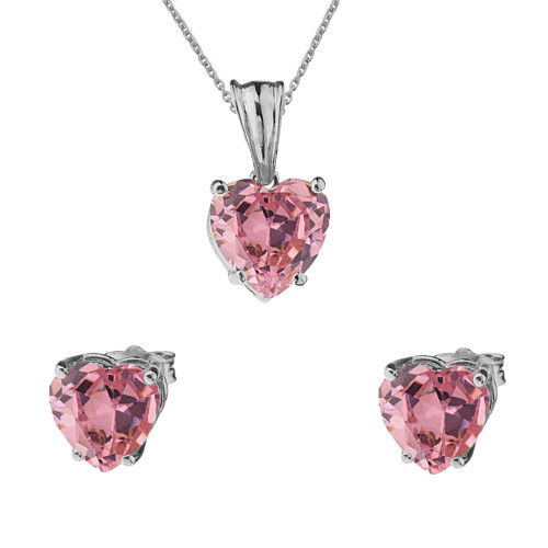10K White Gold Heart October Birthstone Pink Cubic Zirconia  (LCPZ) Pendant Necklace & Earring Set