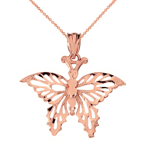Solid Rose Gold Filigree Diamond Cut Butterfly Pendant Necklace