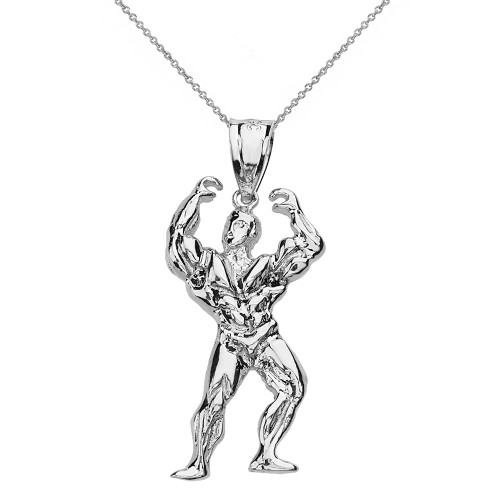 Sterling Silver Weightlifting Fitness Sport Bodybuilder Pendant Necklace