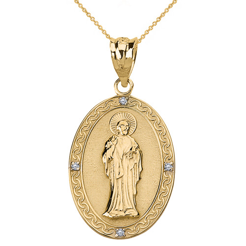 Solid Yellow Gold Diamond Saint Peter Engravable Oval Medallion Pendant Necklace (Large)