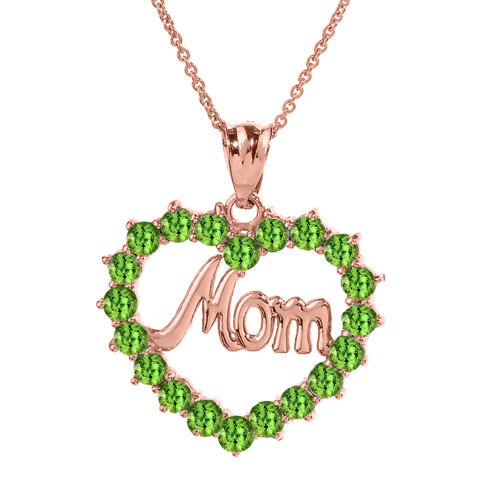Rose  Gold "Mom" Peridot  (LCPE) in Open Heart Pendant Necklace