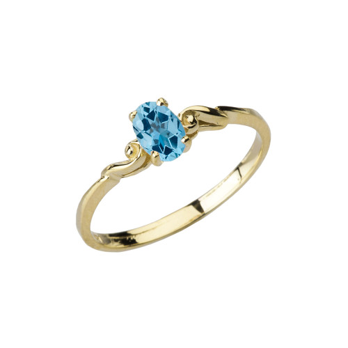 Dainty Yellow Gold Elegant Swirled Genuine Blue Topaz Solitaire Ring