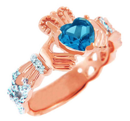Rose Gold Diamond Claddagh Ring with 0.4 Ct. Blue Topaz