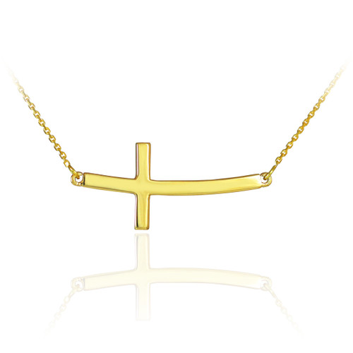 14K Solid Gold Sideways Curved Cross Necklace