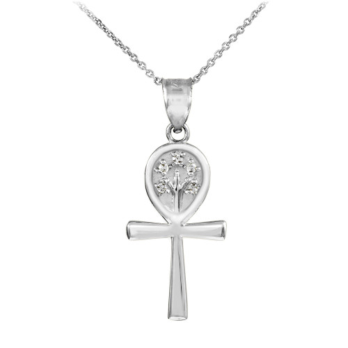 White Gold Ankh Cross Tree of Life CZ 