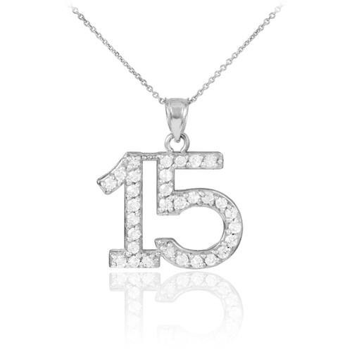 15 Anos Quinceanera Pendnat Necklace with cz in 14k white gold.
